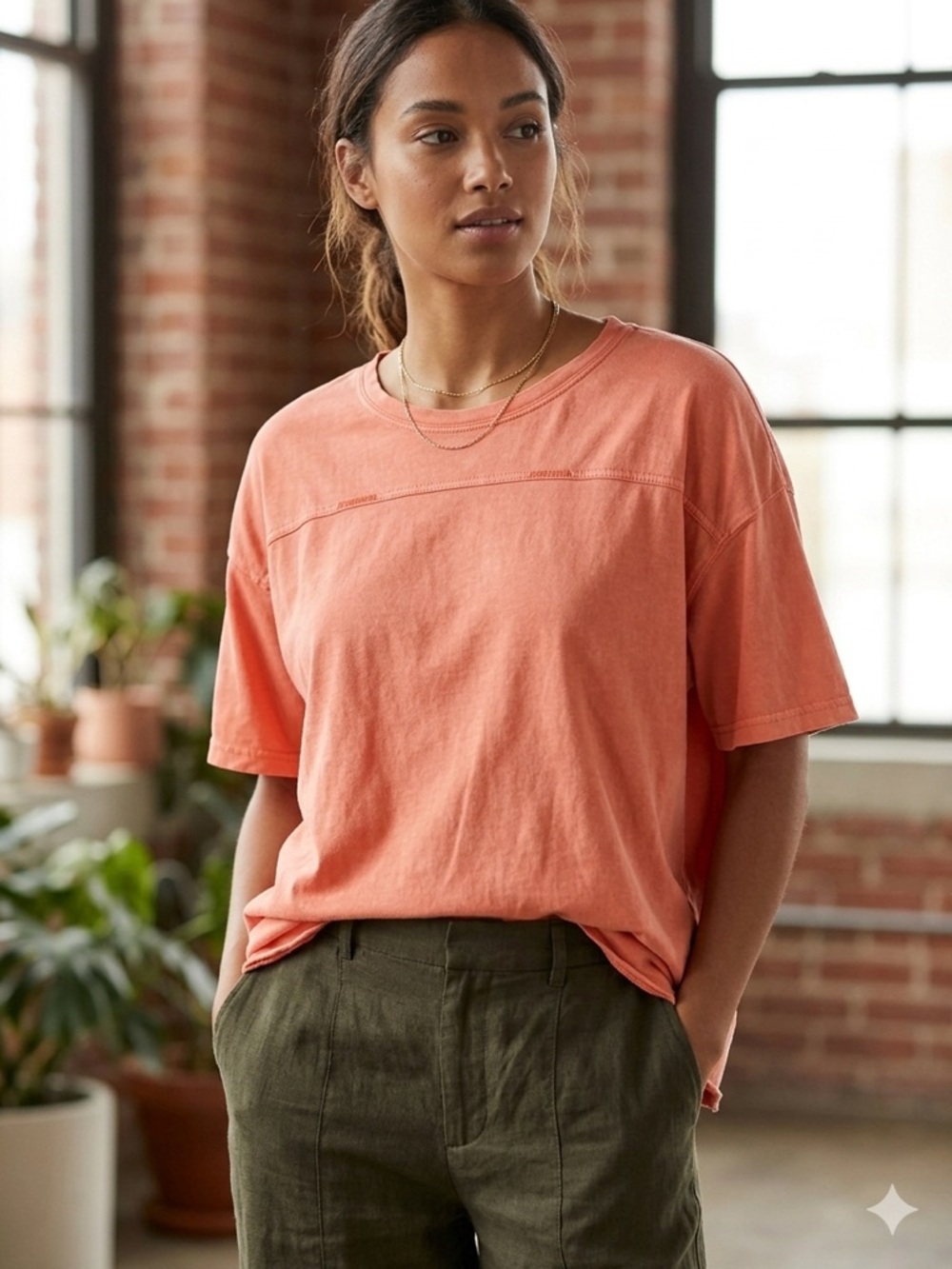 Cotton Bleu Mineral Wash Oversized Boxy Tee - Coral Orange - Medium